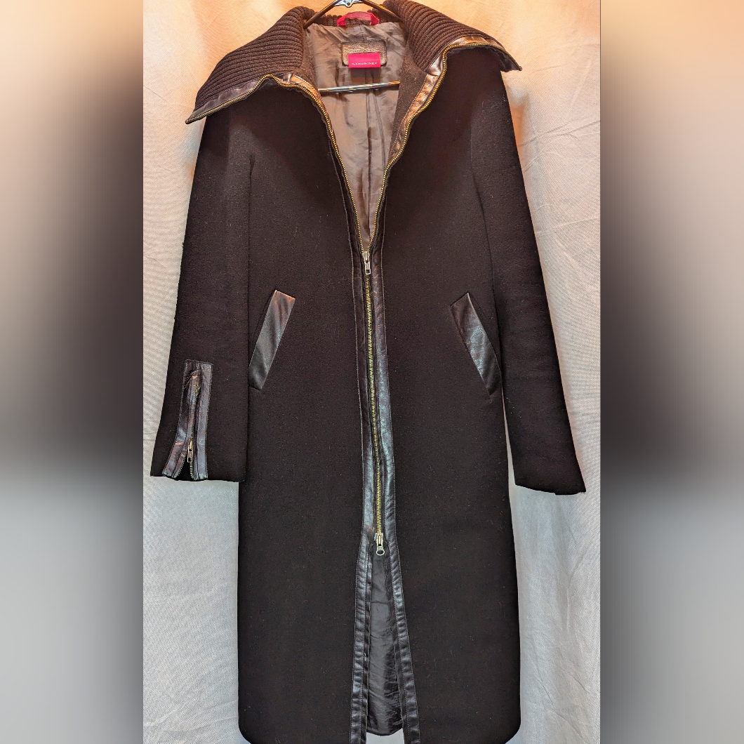 Mackage Black Wool & Cashmere Overcoat With Leather Trimmings, Size L 12/14